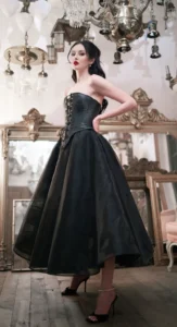 Bride in a black gown with elegant bridal makeup in a vintage setting by Waring Makeup, Ottawa Bridal Makeup Artist.
