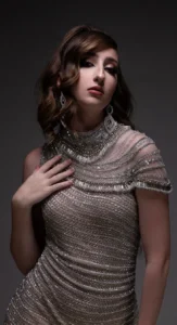 Bride in metallic beaded gown with dramatic evening bridal makeup by Waring Makeup, Ottawa Wedding Makeup Artist.
