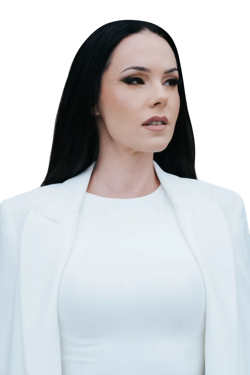 Soft Glam Makeup Application by Waring Makeup - Ottawa Lifestyle Makeup Artist Woman in a white outfit with soft glam makeup and sleek hairstyle, styled by Waring Makeup, Ottawa Lifestyle Makeup Artist.