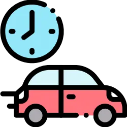 Travel Costs An icon of a red car moving with a clock above it.